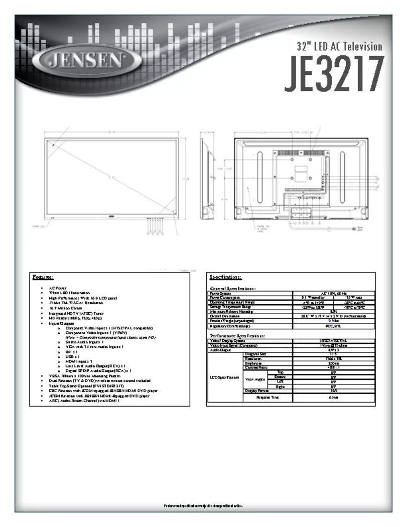 JENSEN JE3217 32" LED AC Television with Integrated HDTV (ATSC) Tuner and Remote Control, 1366 x 768 WXGA+ Resolution, HDTV Ready (1080p, 720p, & 480p), High Capability Wide 16:9 LCD panel, 110V AC