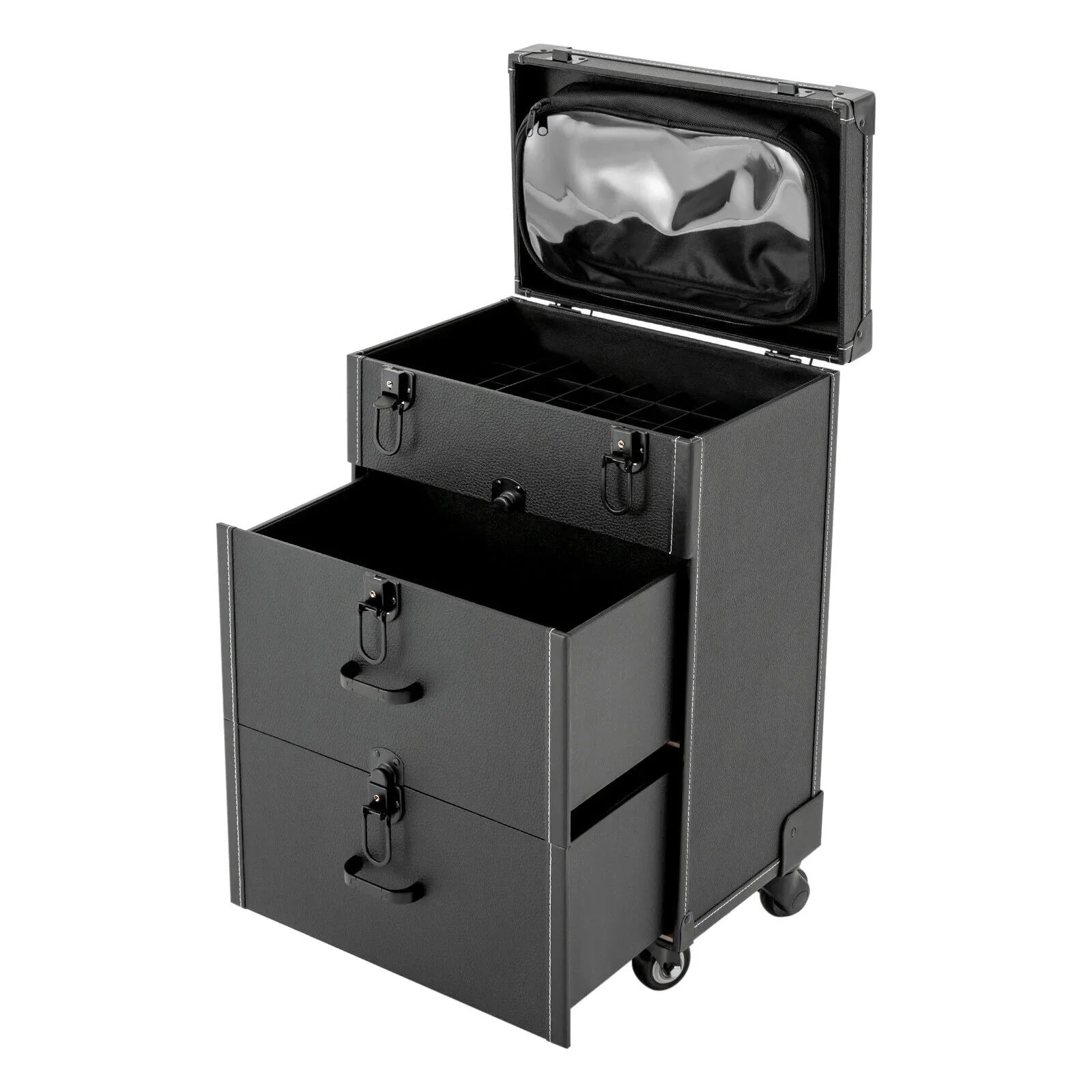 ZhdnBhnos Makeup Train Case Rolling Cosmetic Trolley Nail Polish Storage Organizer Luggage Box w/ 4 Wheels & Lock (Black)