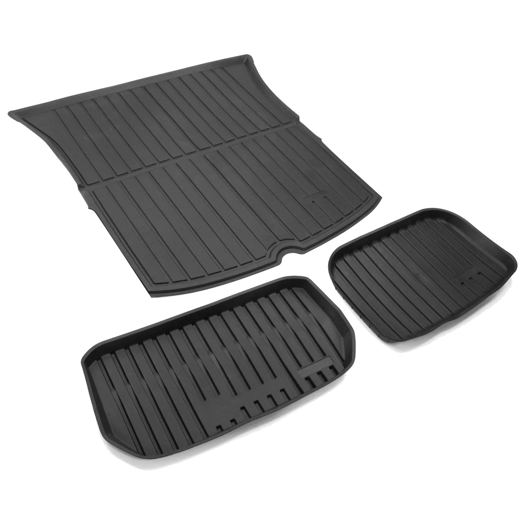 Ikon Motorsports Trunk Mats + Protector Backrest Covers Compatible with 2020-2023 Tesla Model Y Black Injection TPE All Weather Liquid Anti-Slip Frunk Trunk Under Cargo Storage Liner Mat