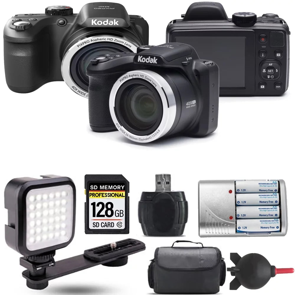 Kodak PIXPRO AZ401 Digital Camera (Black) + Extra Battery + LED - 128GB Kit