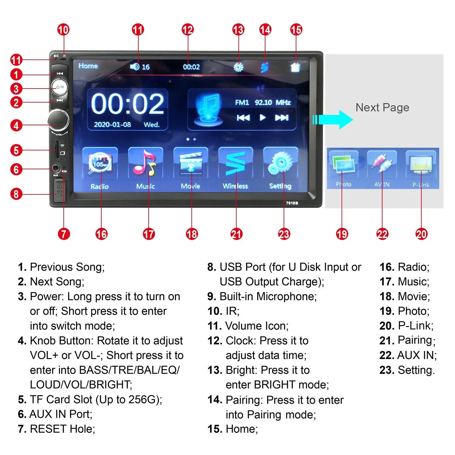New 7" Car MP5 Radio, iMounTEK HD Touch Display Car Multimedia Player, FM AUX USB TF Input, with Backup Camera