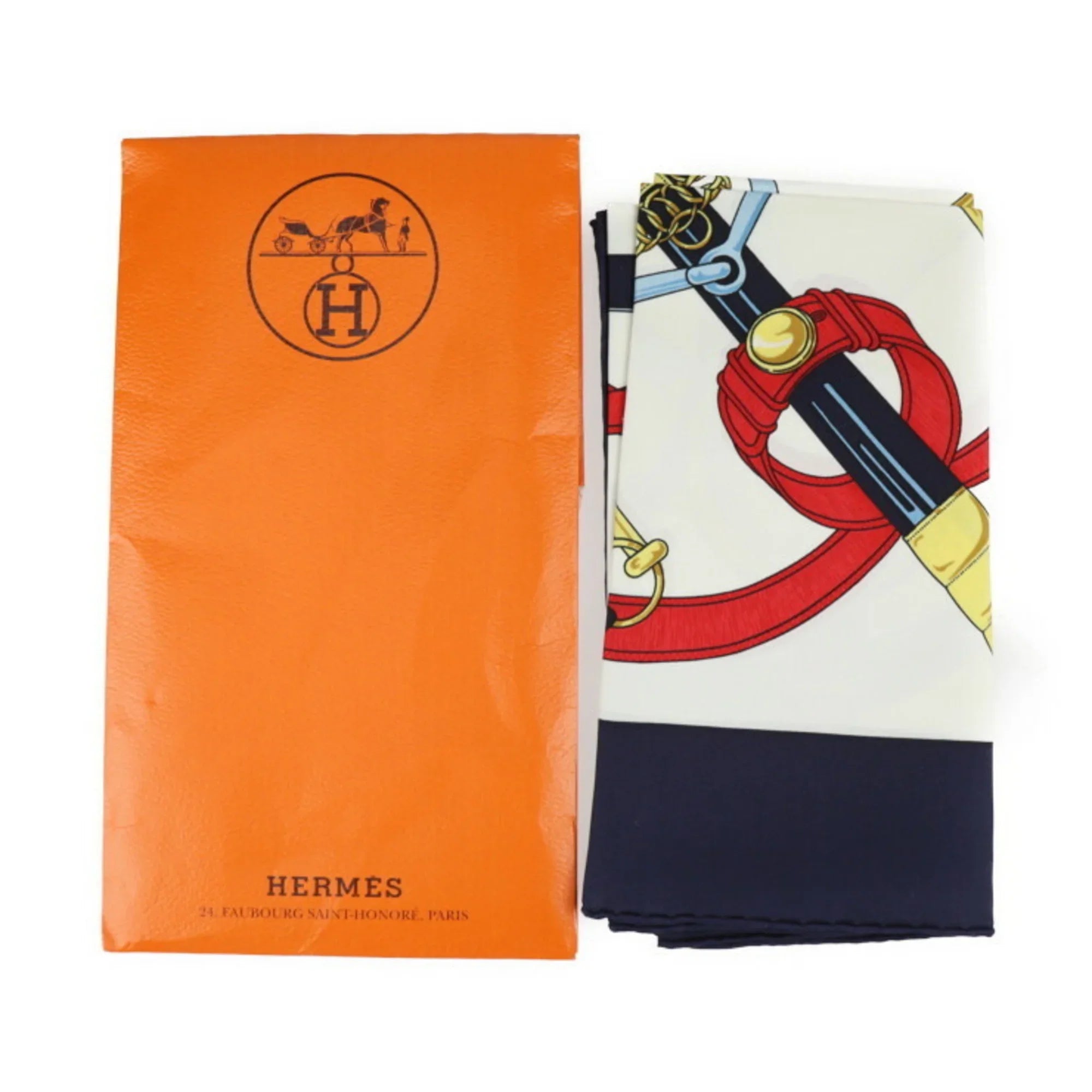 Pre-Owned HERMES Eperon d’or Golden Spurs Carre90 Scarf Silk Blue Multicolor (Like New)