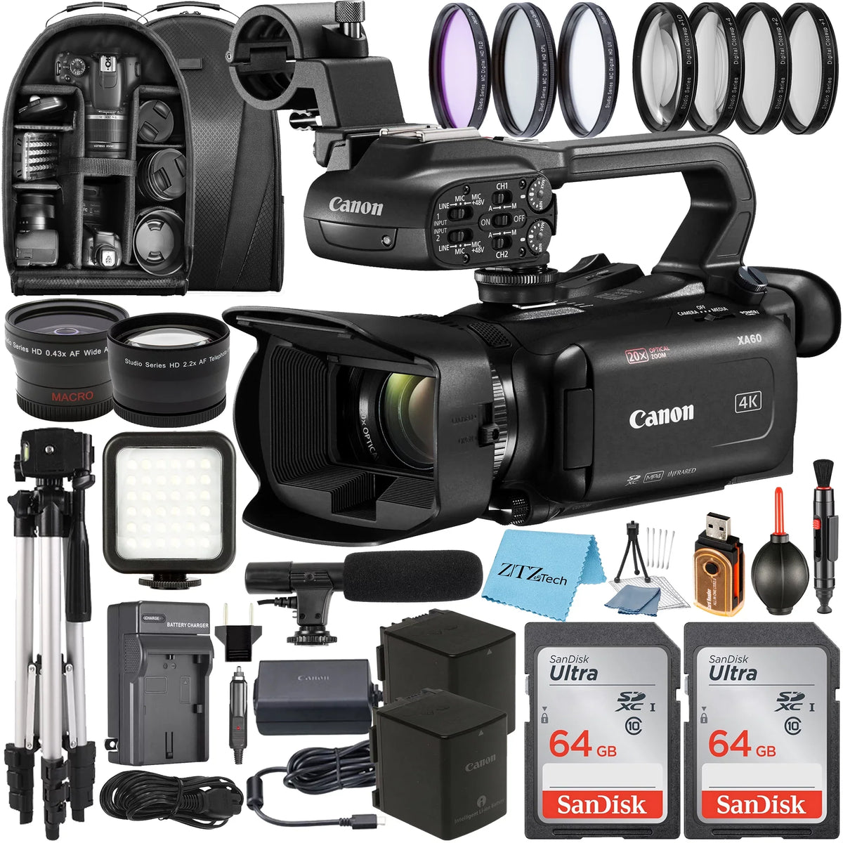 XA60 Professional UHD 4K Camcorder with 2 Pack SanDisk 64GB Memory Card + Case + Tripod + Wideangle Lens + LED Flash + Microphone + Filter Kit + ZeeTech Accessory Bundle
