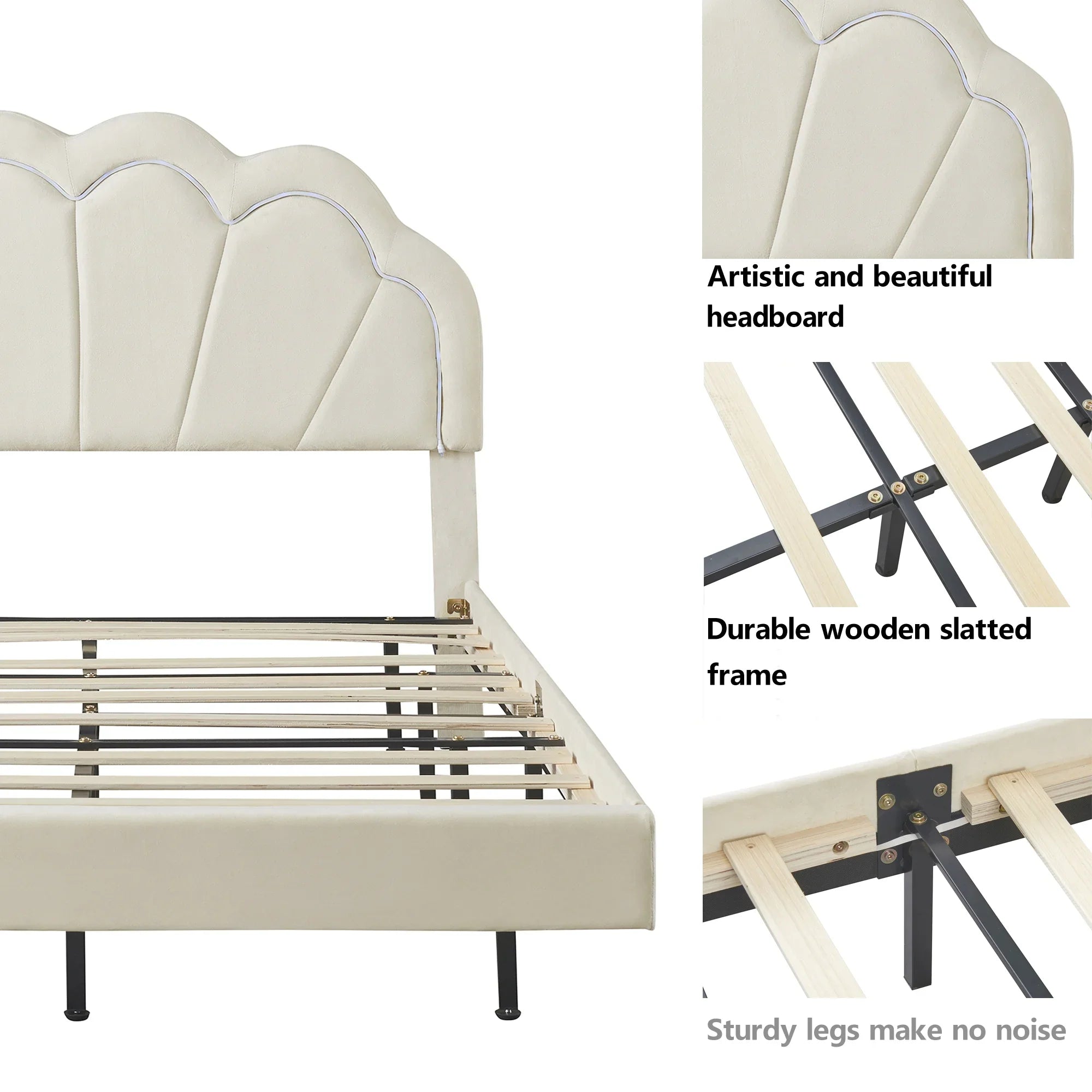Cosymart Full Upholstered Smart LED Bed Frame with Elegant Flowers Headboard， Floating Velvet Platform LED Bed with Wooden Slats Support， Beige