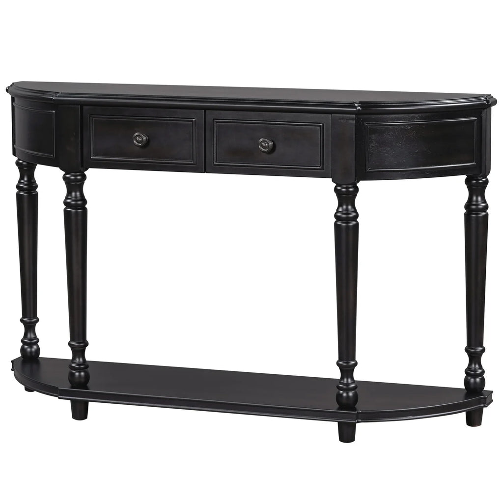 TREXM Retro Circular Curved Design Console Table with Open Style Shelf Solid Wooden Frame and Legs Two Top Drawers (Cherry + Antique Blue OLD SKU WF298768AAC)