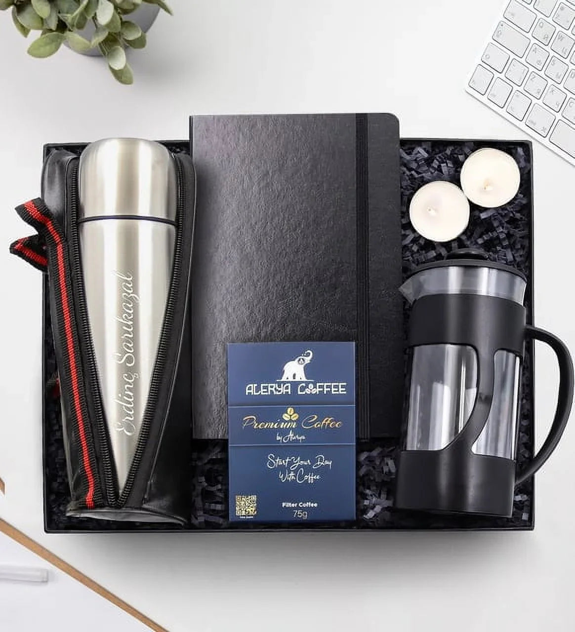 Personalized 500 ML Leather Bag Silver Thermos & Black French Press & Notebook & Alerya Premium Filter Coffee & 2 Candle Gift Set