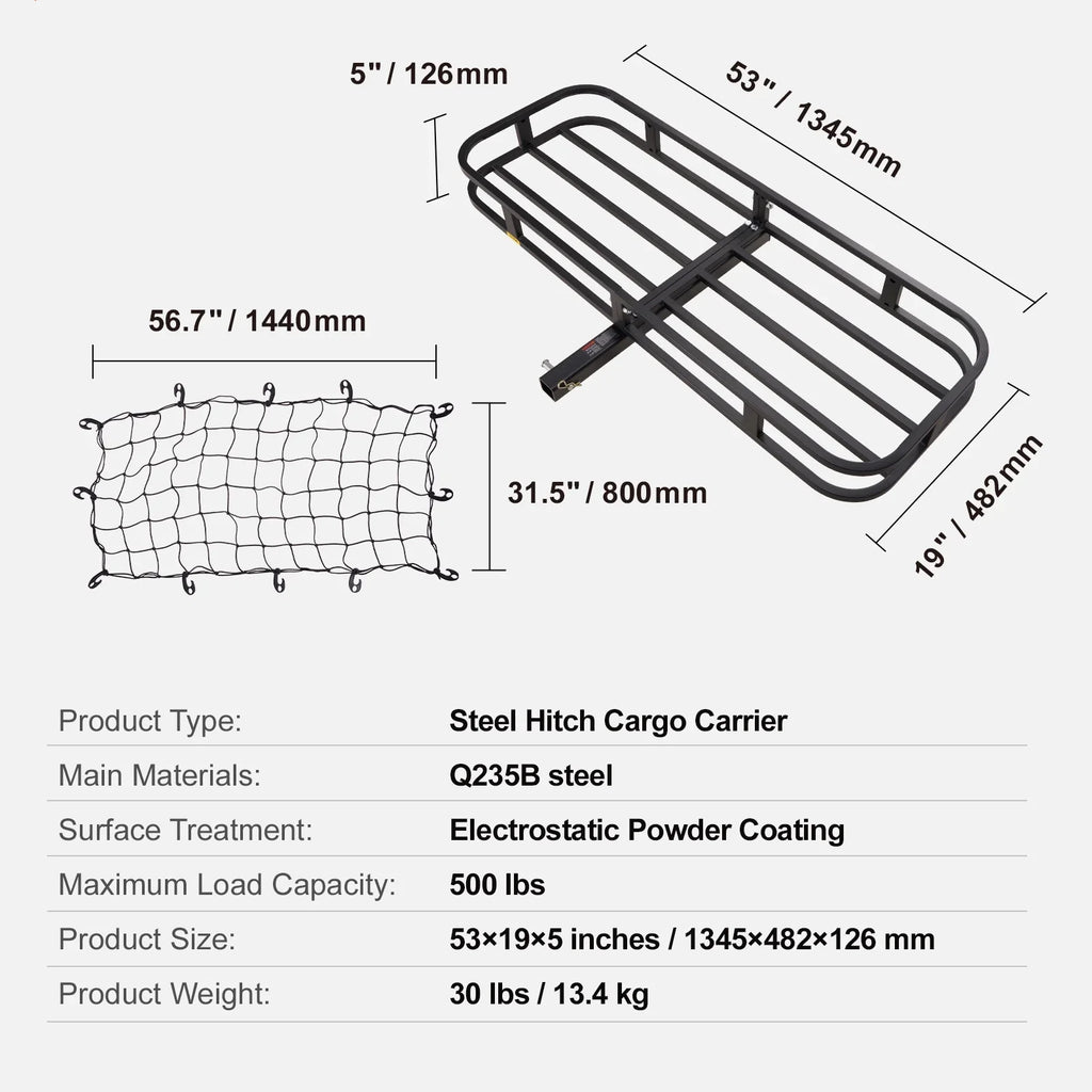 BENTISM Hitch Mount Cargo Carrier 53x19x5 in 500lb & Cargo Net Fits 2" Receiver
