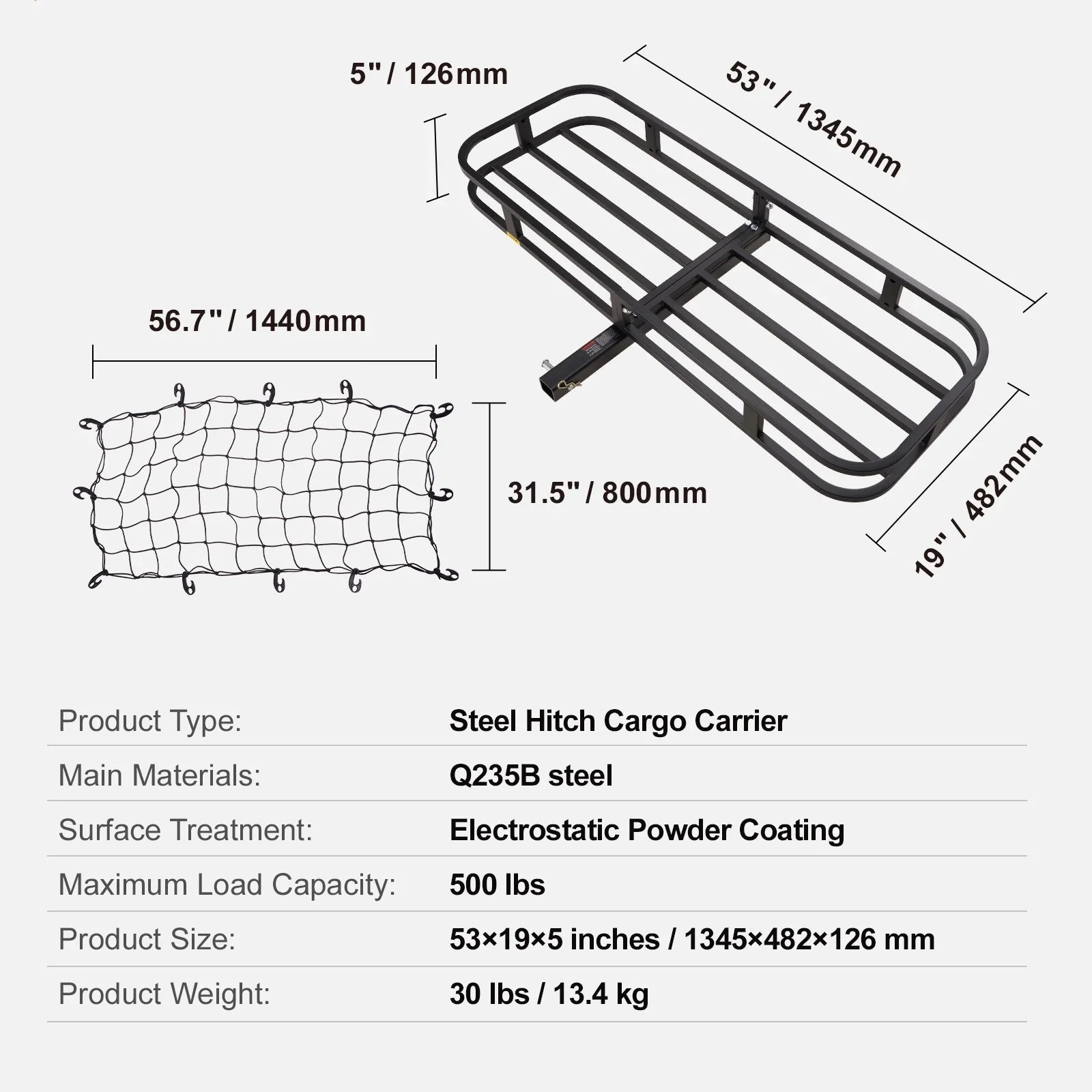BENTISM Hitch Mount Cargo Carrier 53x19x5 in 500lb & Cargo Net Fits 2" Receiver