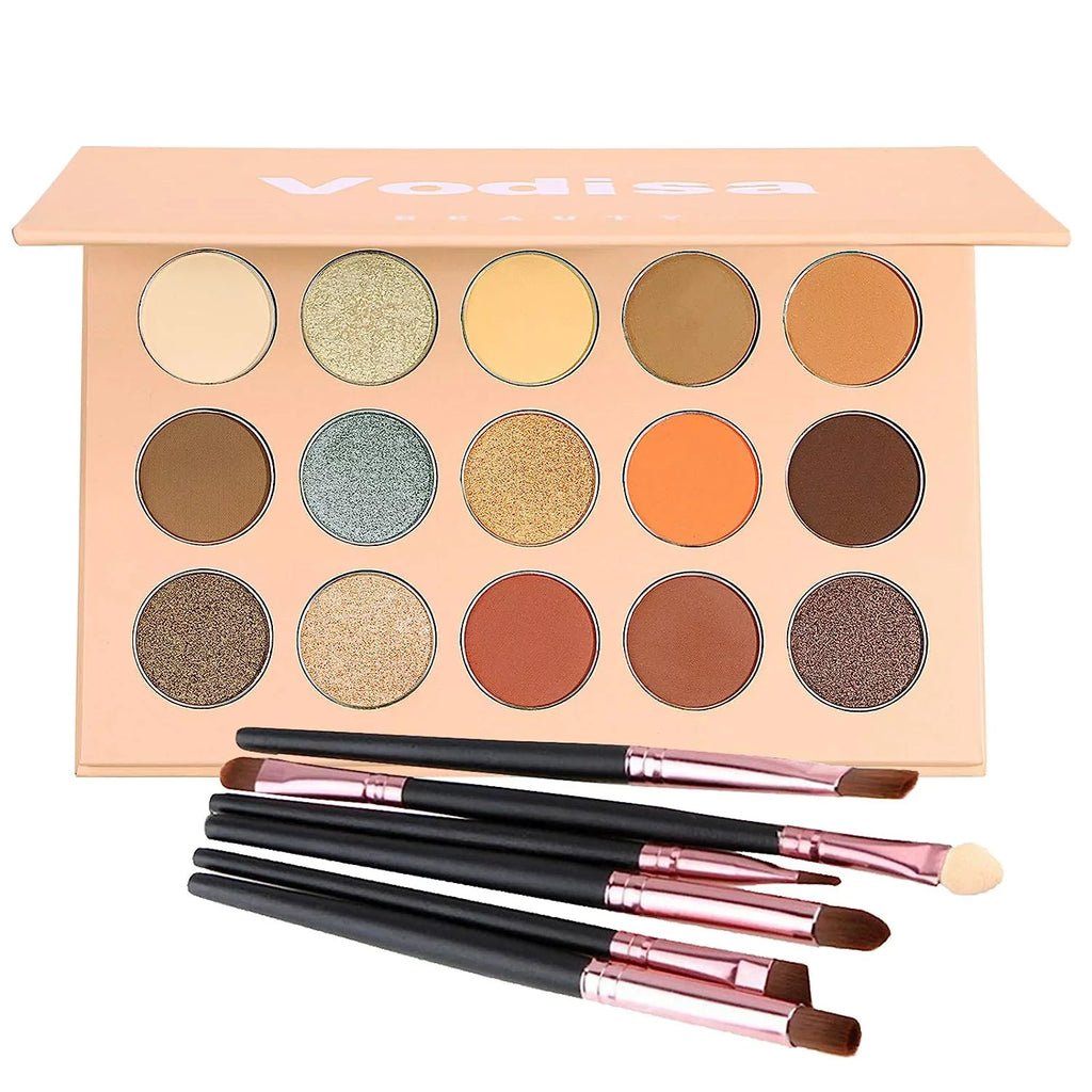 Vodisa Colorful Eyeshadow Palette Matte Shimmer High Pigmented Eyeshadow Pallet 15 Colors Professional Makeup Nudes Warm Natural Long Lasting Liquid Eye Shadow with Make Up Brushes Set (
