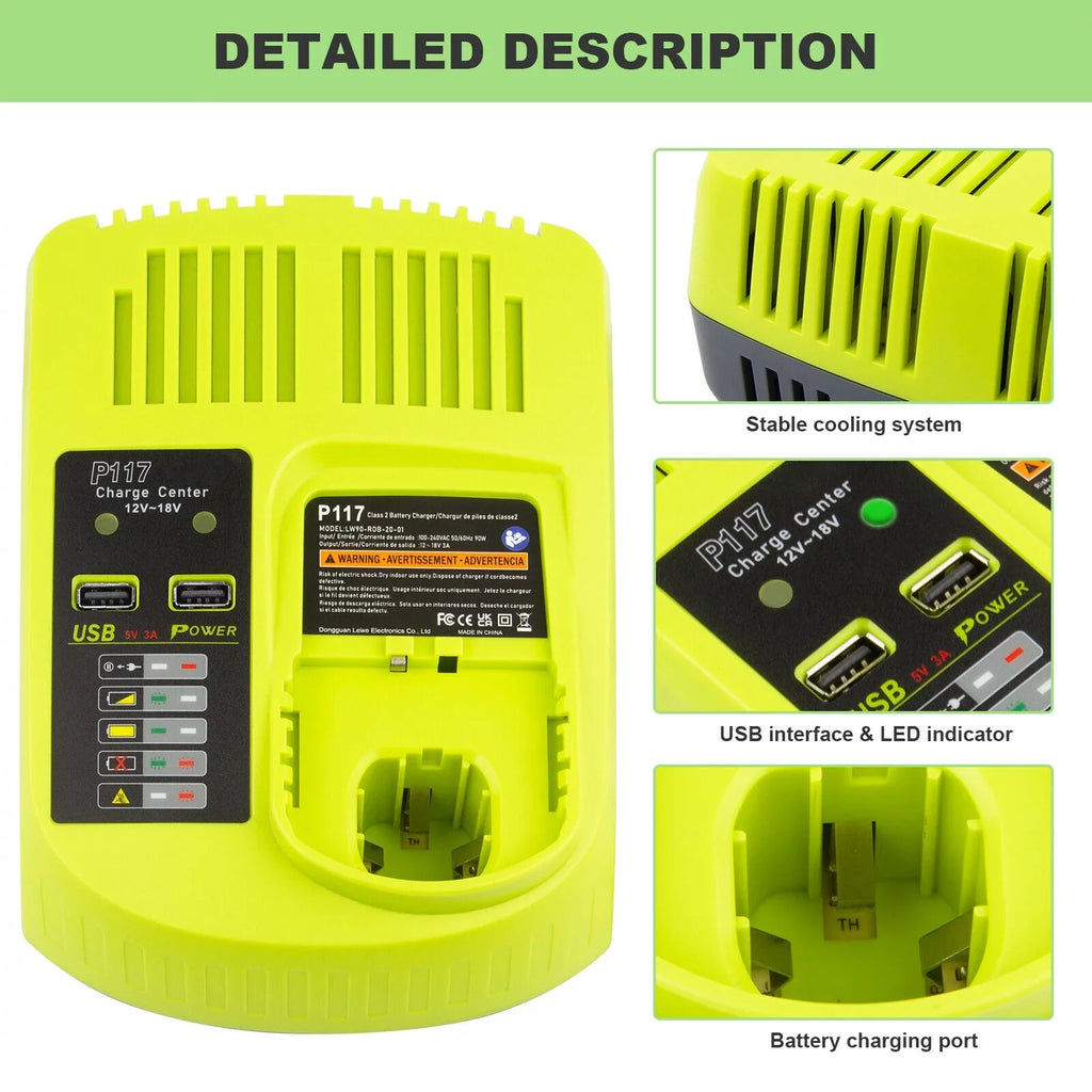 P117 Battery Charger For RYOBI 18V High Capacity 18Volt Lithium-Ion P108 P106 US