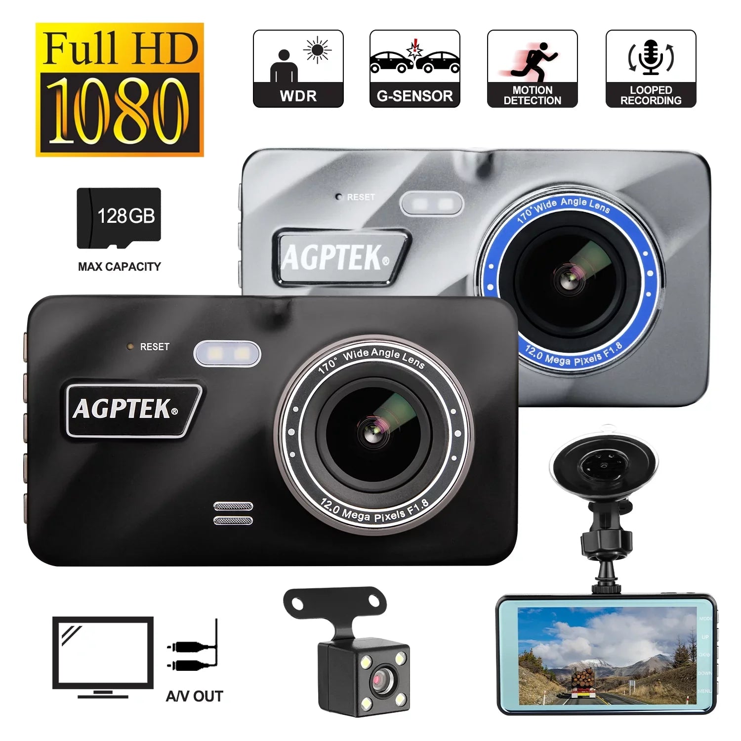 AGPtek 4" Vehicle Video Recorder Night Vision Parking Monitor 1080P Car Dashboard DVR Camera G-Sensor Dash Camera