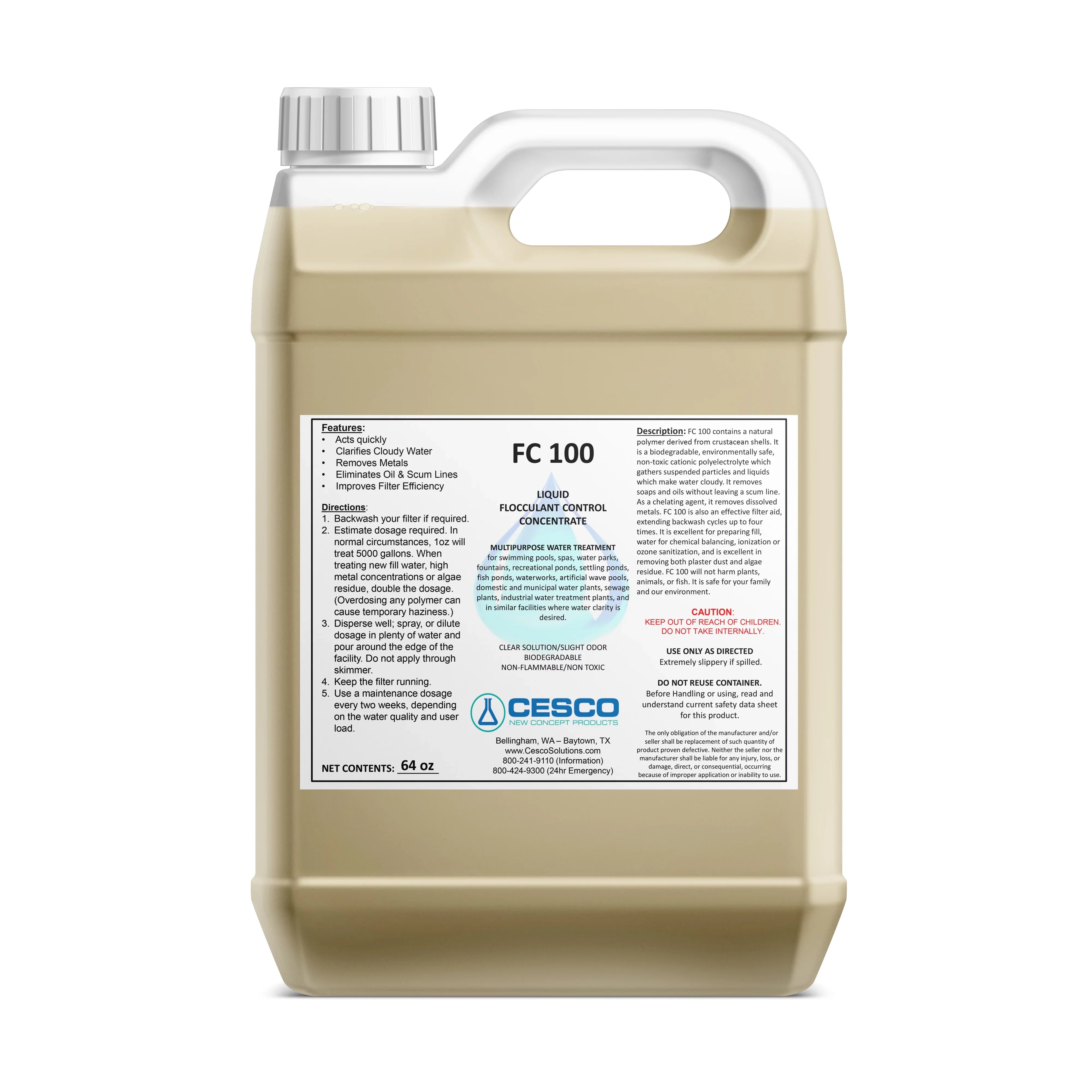 Cesco Solutions FC-100 Flocculant Clarifier - Concentrated Fluid Cleaning Liquid for Swimming Pool, Pond, Spa - Non-Toxic Pool Chemicals - Eco-Friendly, Safe Pool Supplies - 64 Oz