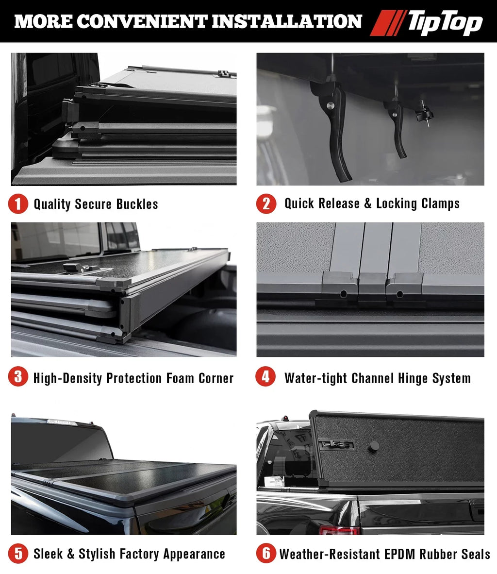 TIPTOP Tri-Fold Hard Tonneau Cover Truck Bed FRP On Top For 2005-2015 Tacoma 5ft Bed (60.3") | TPM3 |For Models With or Without The Deck Rail System|