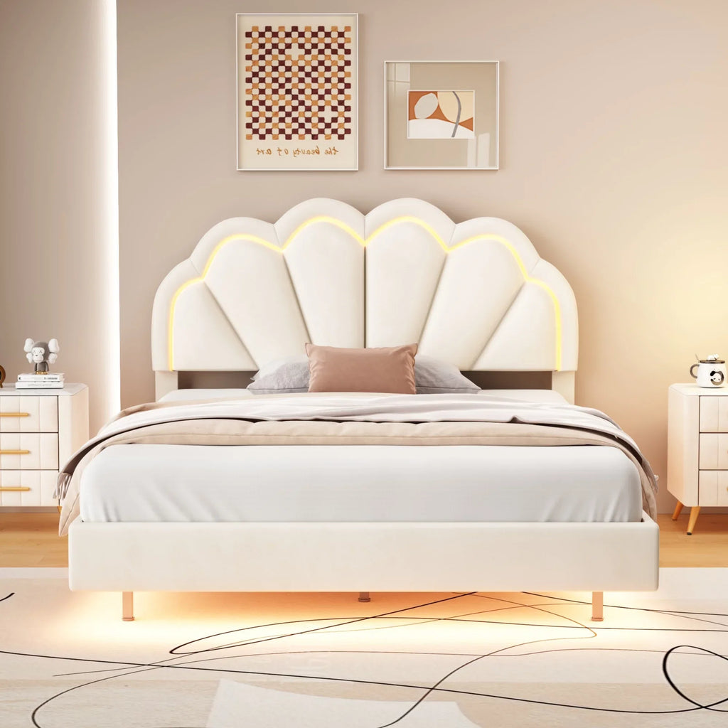 Cosymart Full Upholstered Smart LED Bed Frame with Elegant Flowers Headboard， Floating Velvet Platform LED Bed with Wooden Slats Support， Beige