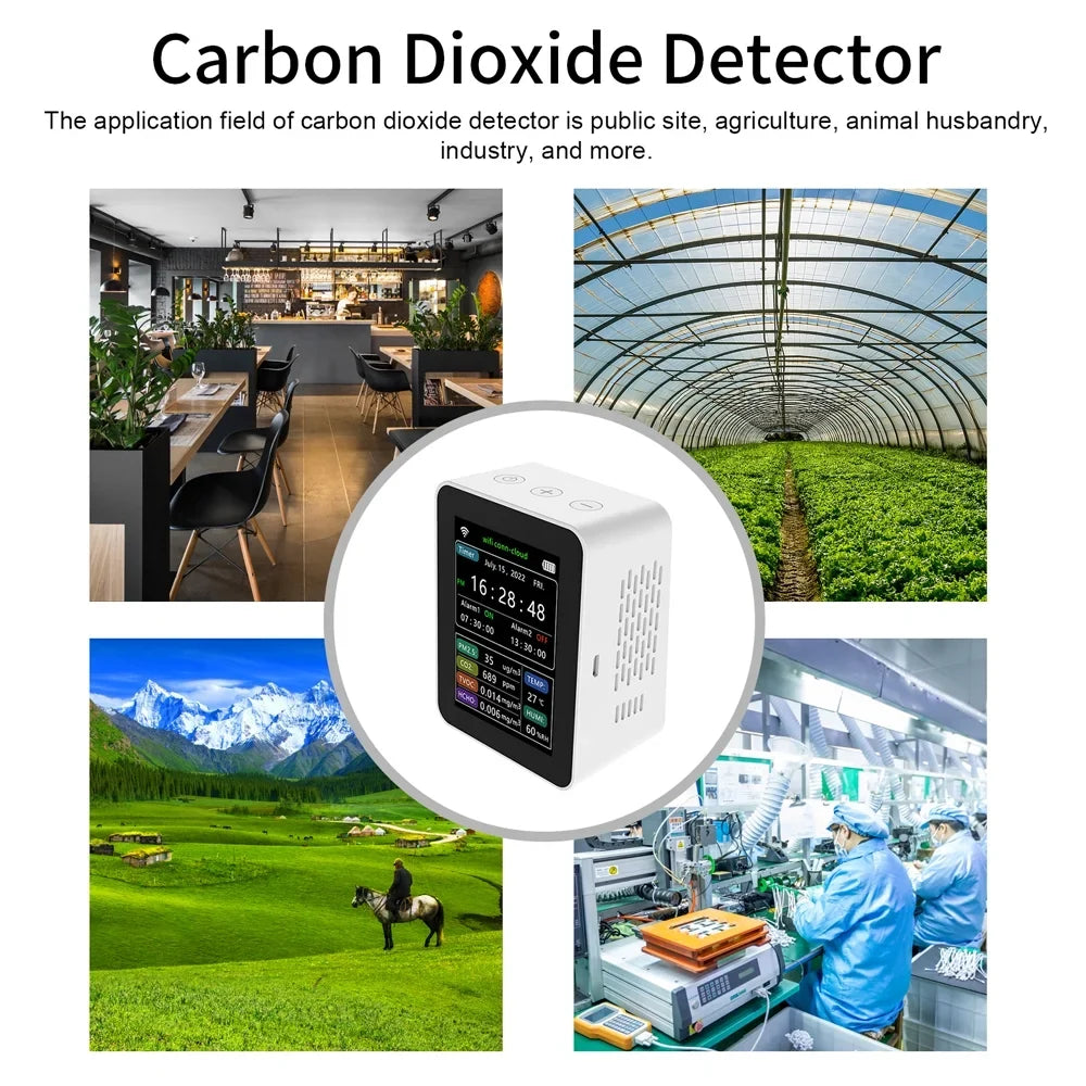 Wifi Processor Air Quality Detector Pm2.5 Co2 Tvoc Hcho Temperature Humidity 6 In 1 Detector Time Date Week Display Mobilephone App Remotes Viewing 2 Sets Alarm Clock Home Indoor Desk
