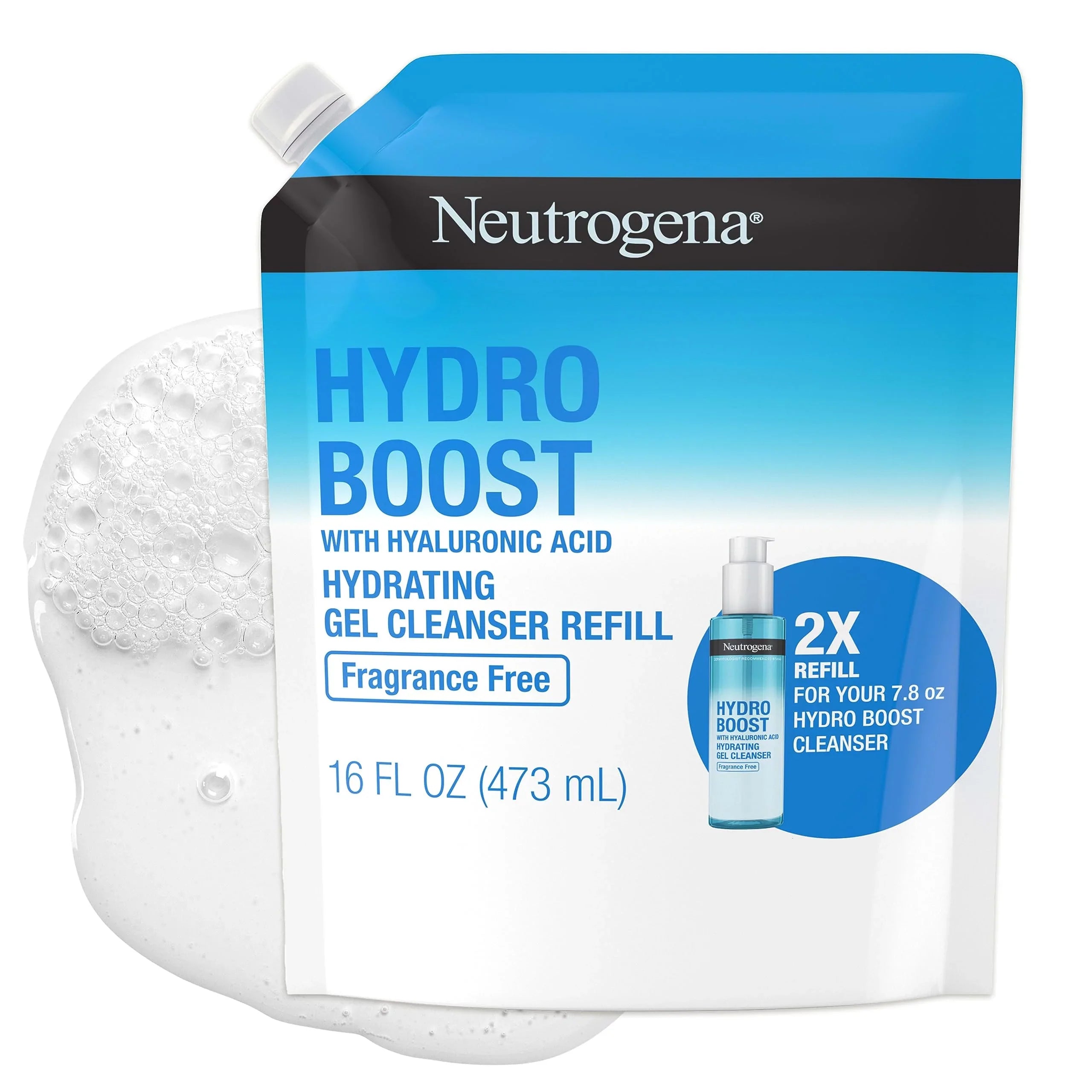 Neutrogena Hydro Boost Fragrance Free Hydrating Gel Facial Cleanser With Hyaluronic Acid, Daily Foaming Face Wash & Makeup Remover, Gentle Face Wash, Non-Comedogenic, Refill Pouch, 16 Fl. Oz