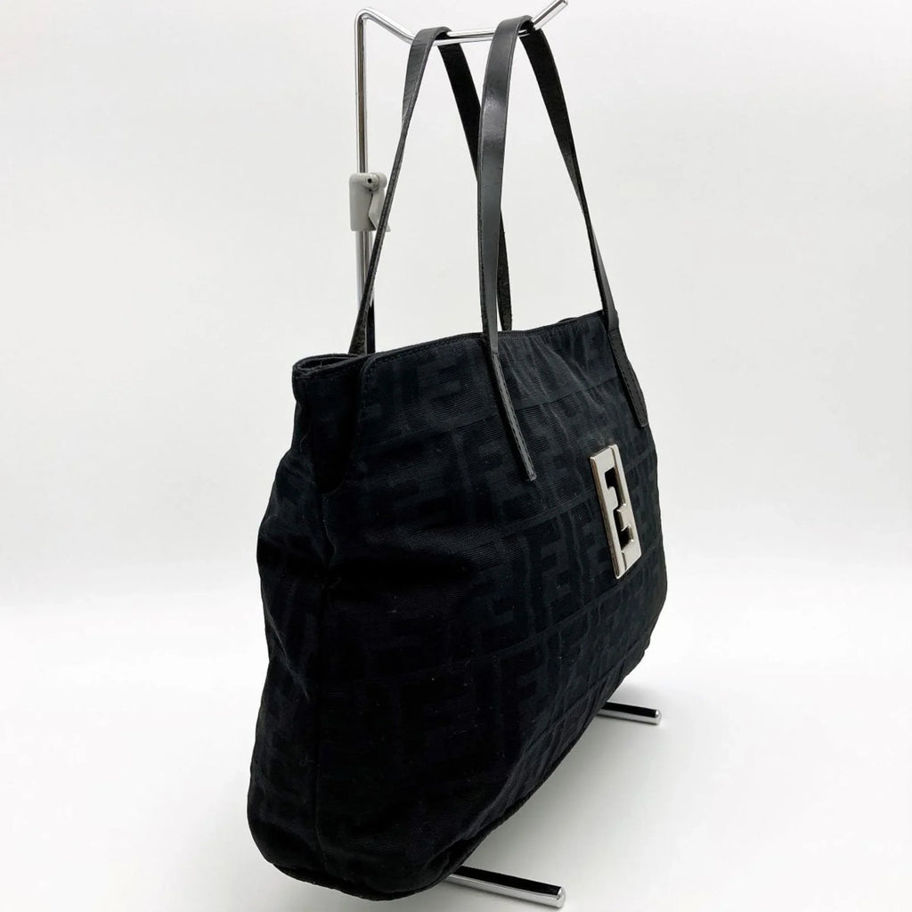 Pre-Owned FENDI Zucca pattern tote bag handbag black nylon canvas ladies 15786 (Good)