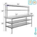30" x 72" Stainless Steel Work Table With Two Shelves | 12" Wide Double Tier Overshelf | Metal Kitchen Prep Table & Shelving Combo