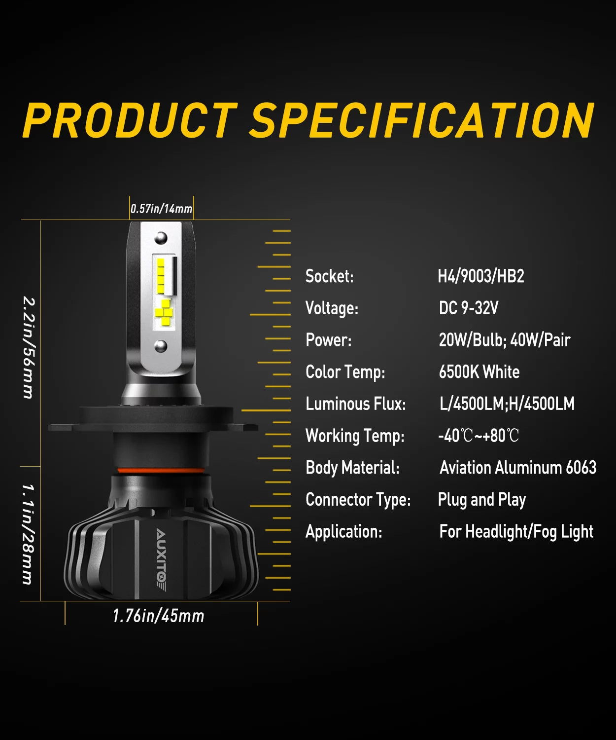 AUXITO H4 9003 HB2 LED Bulb Fanless, Adjustable Beam 6500K Xenon White, 300% Night Visibility Dual Beam Conversion Kit Pack of 2