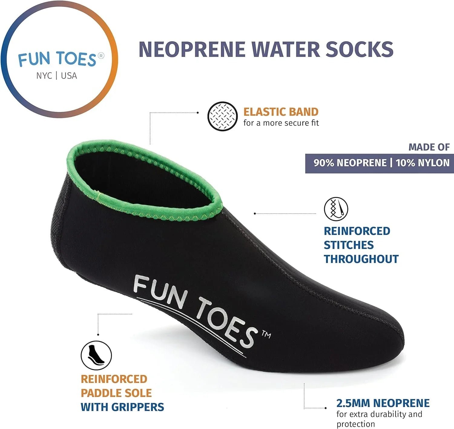 FUN TOES 2.5MM Neoprene Socks for Liquid Sports Women Men 2 PAIRS Fin Socks for Scuba Diving, Snorkeling, Paddling, Jet skiing