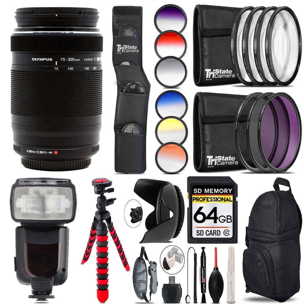 Olympus M.Zuiko Digital ED 75-300mm f/4.8-6.7 II Lens+13 Piece Filter & More- 64GB Accessory Kit
