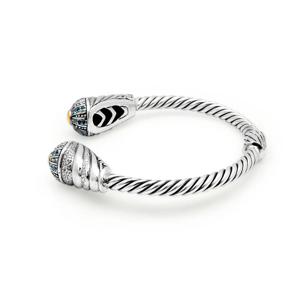 Deni Jewelry 18K Gold & Silver cable cuff bracelet, Blue Topaz Pave Setting