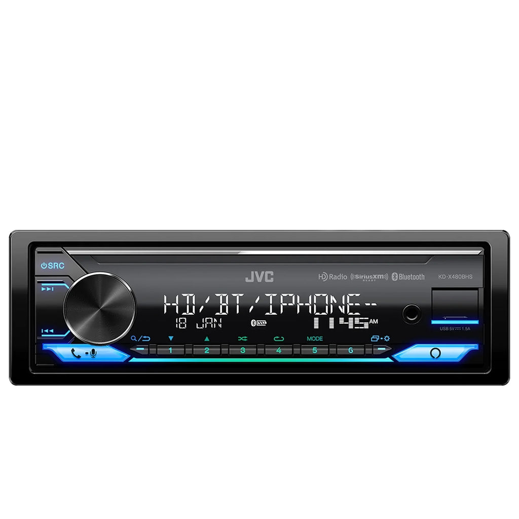 JVC KD-X480BHS Single DIN Bluetooth USB AUX LED AM/FM Radio Stereo SiriusXM Ready Amazon Alexa LED Car Audio Receiver Bundle Combo with Enrock 98-2013 Harley Install Single Din Installation Kit