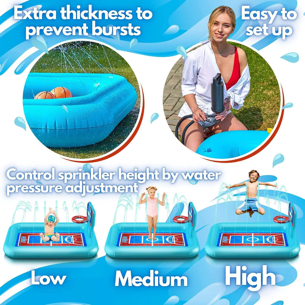 Splash Pool Pad With Sprinkler System, Hoop And 2 Inflatable Basketballs - Splash Pad For Kids - Kids Summer Toys And Liquid 82-inch.