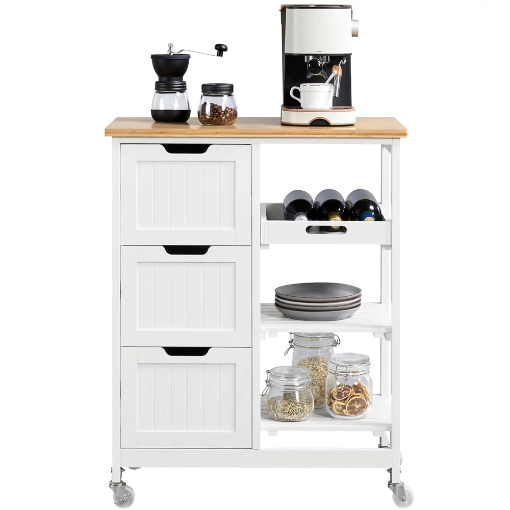 Easyfashion 33" H Storage Serving Cart with 3 Drawers for Kitchen Bar, White