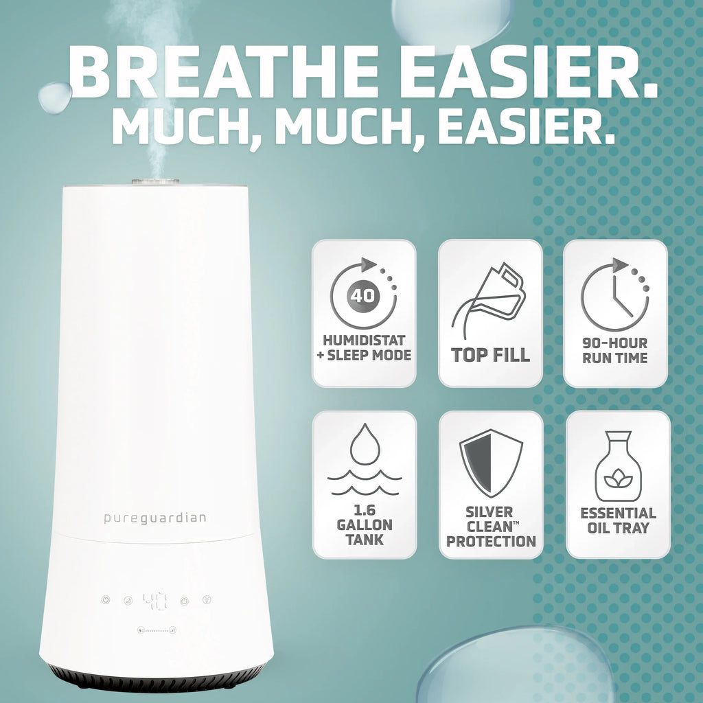 PureGuardian 90-Hour 1.6 Gallon Cool Mist Ultrasonic Humidifier with Humidistat, 420 Sq. ft. H997W