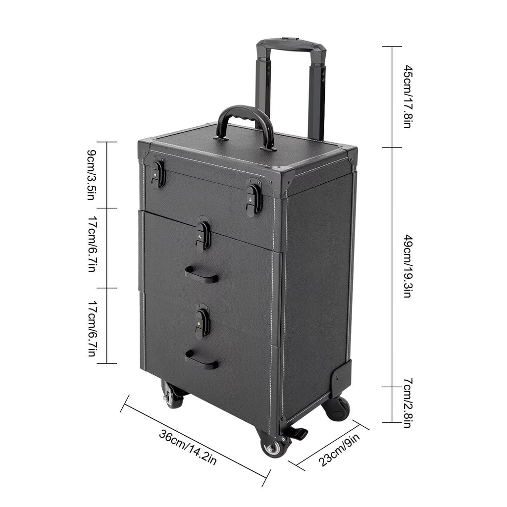 ZhdnBhnos Makeup Train Case Rolling Cosmetic Trolley Nail Polish Storage Organizer Luggage Box w/ 4 Wheels & Lock (Black)