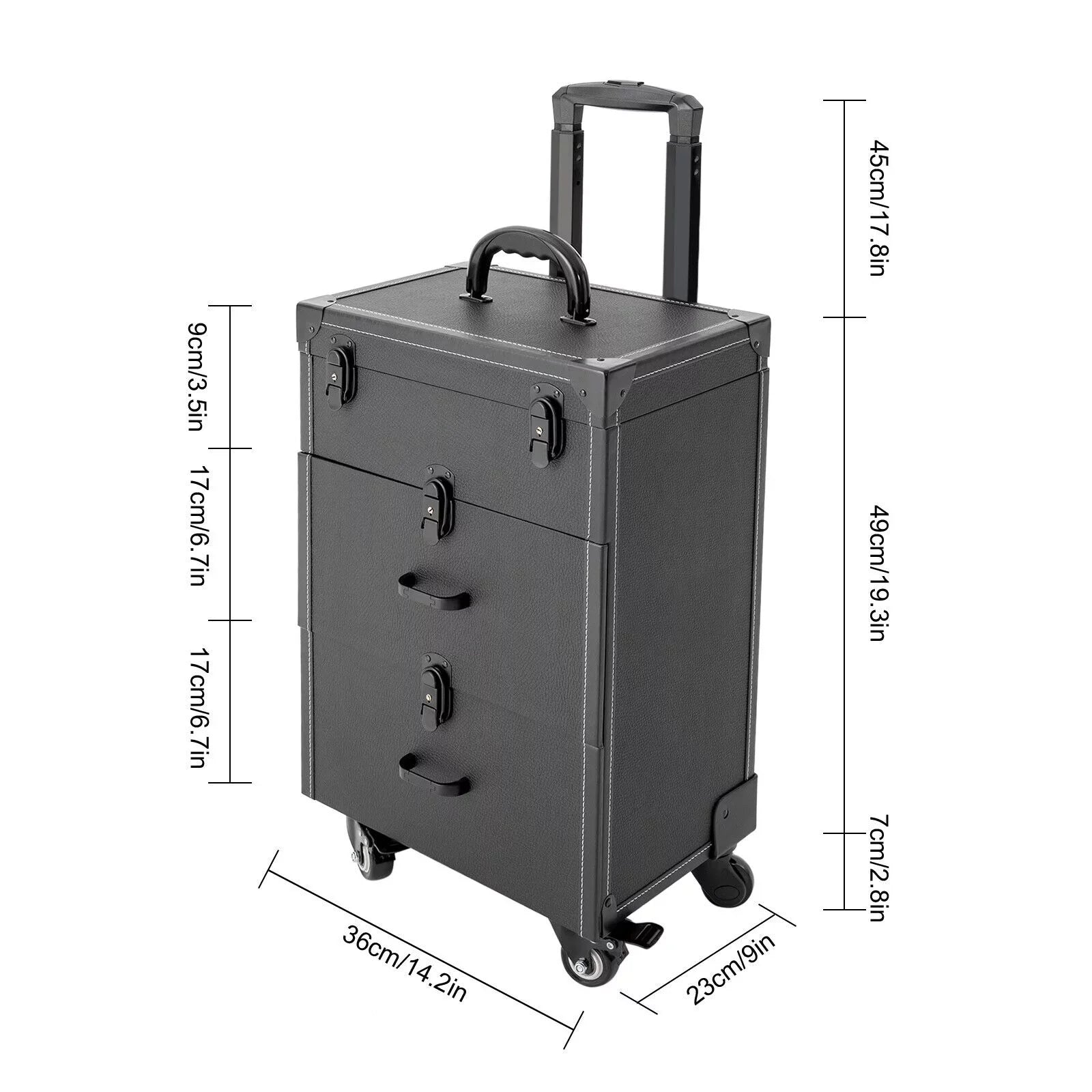 ZhdnBhnos Makeup Train Case Rolling Cosmetic Trolley Nail Polish Storage Organizer Luggage Box w/ 4 Wheels & Lock (Black)