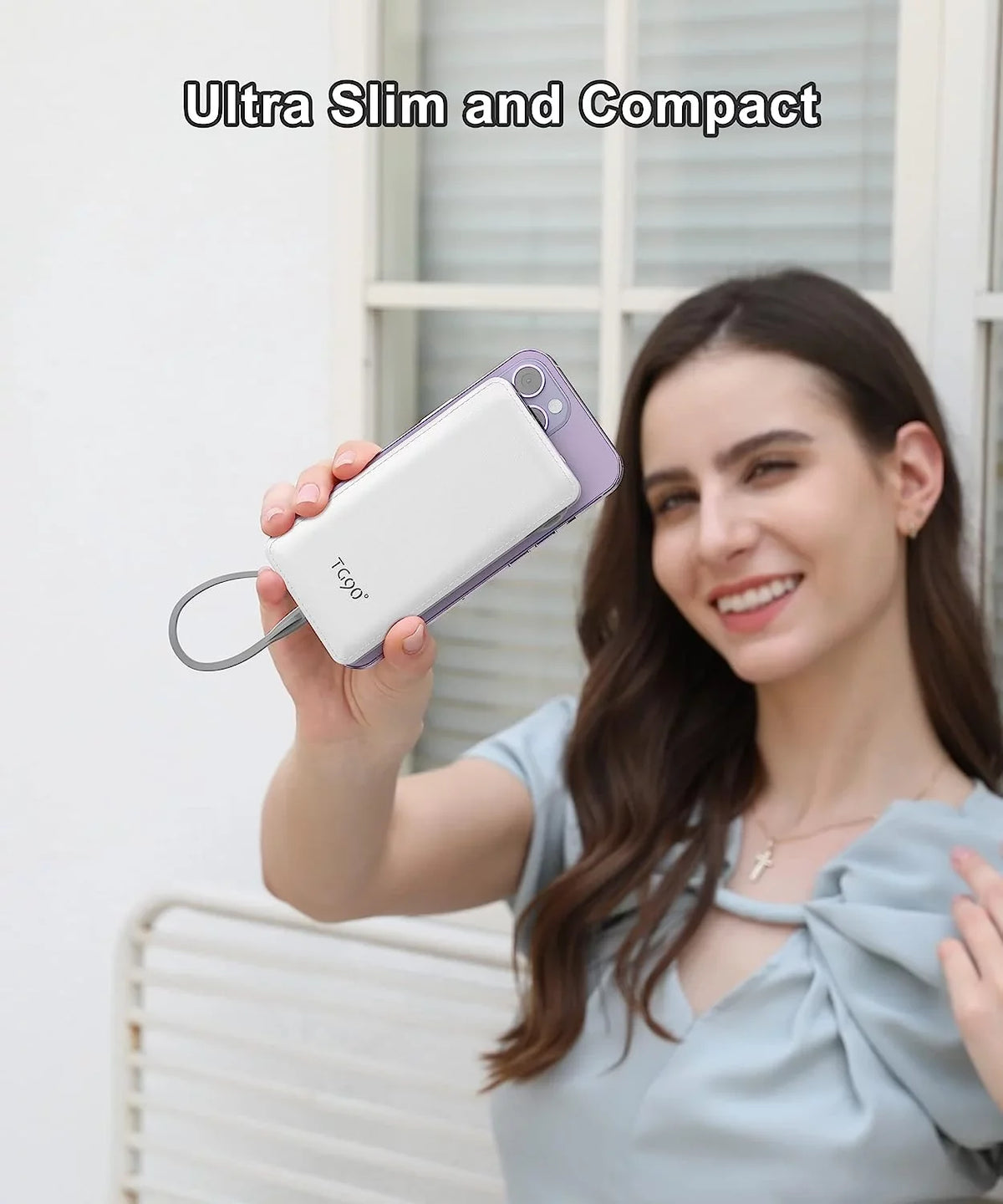 TG90 10000mah Power Bank External Battery Packs, Portable Charger with Built-in Lightning and Type-C Cable for Cell Phone Battery Backup, Portable Phone Charger Compatible with iPhone, Android Phones White