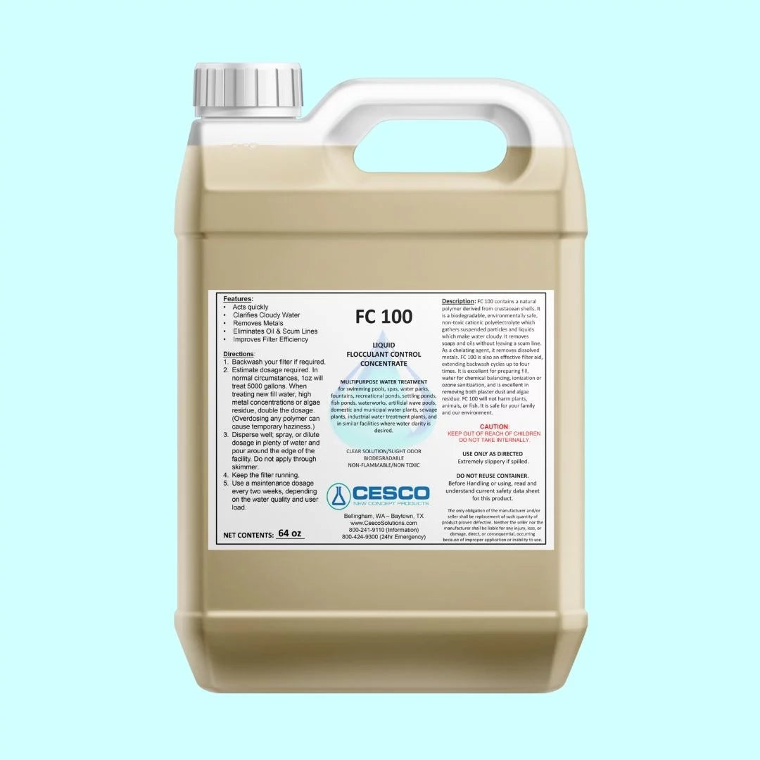Cesco Solutions FC-100 Flocculant Clarifier - Concentrated Fluid Cleaning Liquid for Swimming Pool, Pond, Spa - Non-Toxic Pool Chemicals - Eco-Friendly, Safe Pool Supplies - 64 Oz
