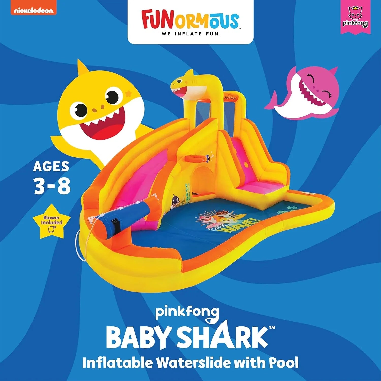 Funormous Baby Shark Bounce House with Slide Wet or Dry, Pink Fong Inflatable Fluid Slide, Party Outdoor Curve Fluid Fun, Kids Backyard Fluid Park, Includes Fluid Sprayer, Pool & Blower