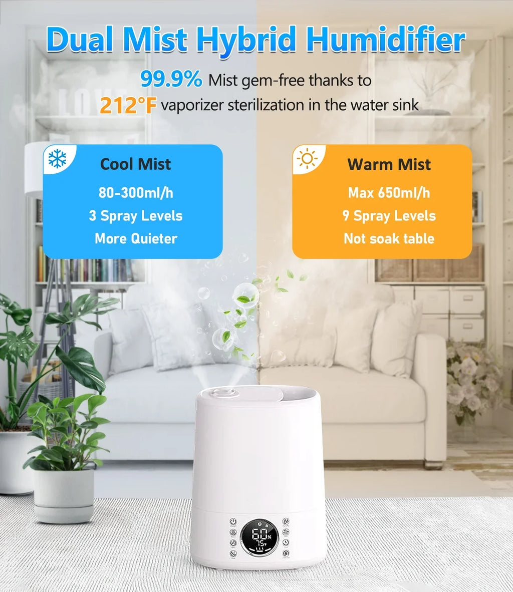 Maxfavor Humidifiers for Room Warm and Cool Mist with Customized Humidity 861 sq ft. 6L Vaporizer and Humidifiers for Bedroom Remote