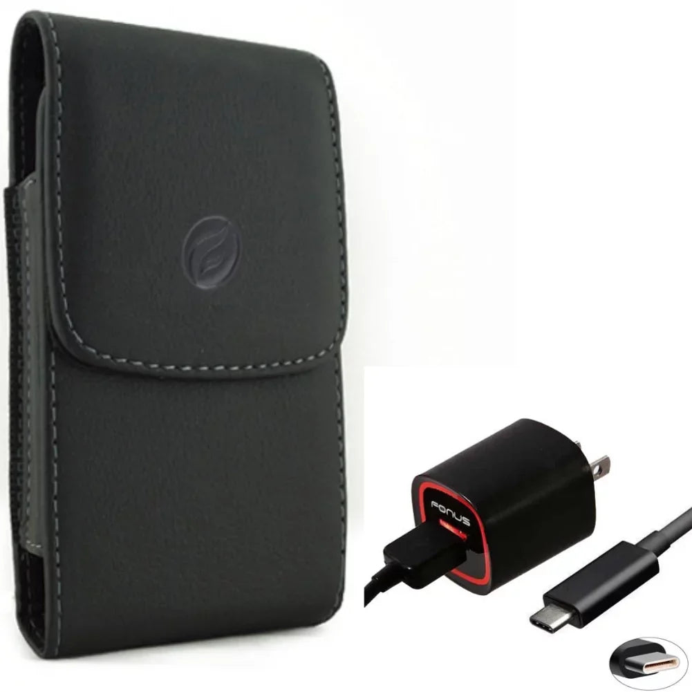 USB Cable 2.4A Home Charger w Holster Leather Case Belt Clip for Motorola Revvlry Plus, Moto G7 - OnePlus 6T, 6 - Razer Phone 2 - Galaxy S9 Plus S22 Plus S10 Plus XCover FieldPro