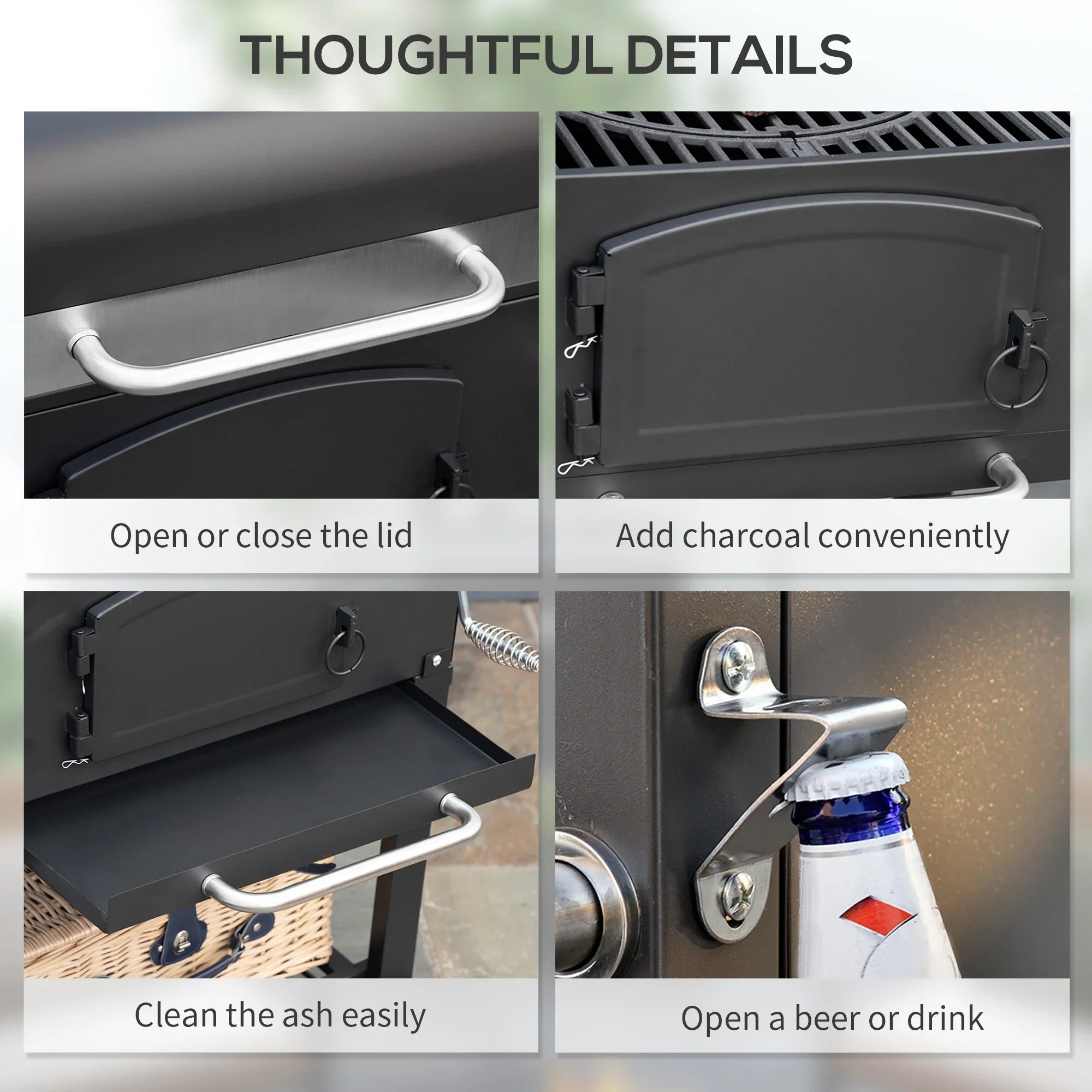 CoSoTower Charcoal Grill, BBQ with Adjustable Height, Portable Barbecue with Folding Shelves, Thermometer, Bottle Opener & Wheels for Outdoor Camping, Picnic, Patio, Backyard, Black