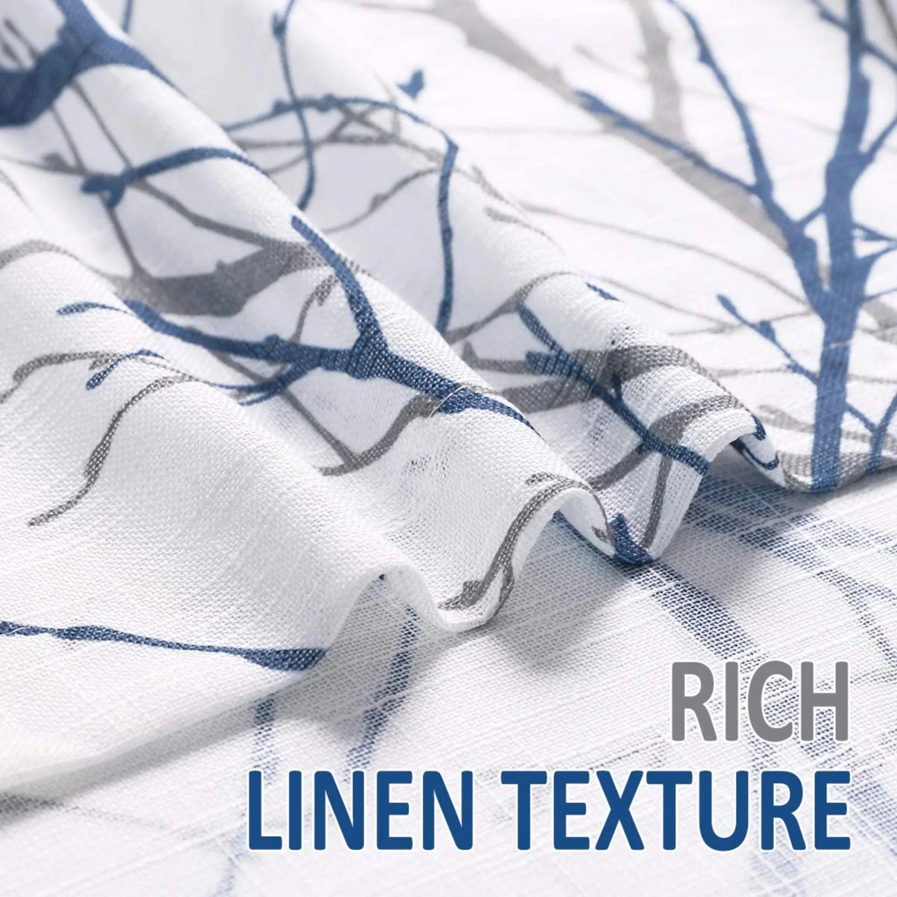 Decoultimatex White Sheer Curtain for Living Room Blue Gray Tree Branches Print Window Curtain Panels Set Linen Textured Semi Sheer Drapes for Bedroom, Grommet, 52"x84"x2