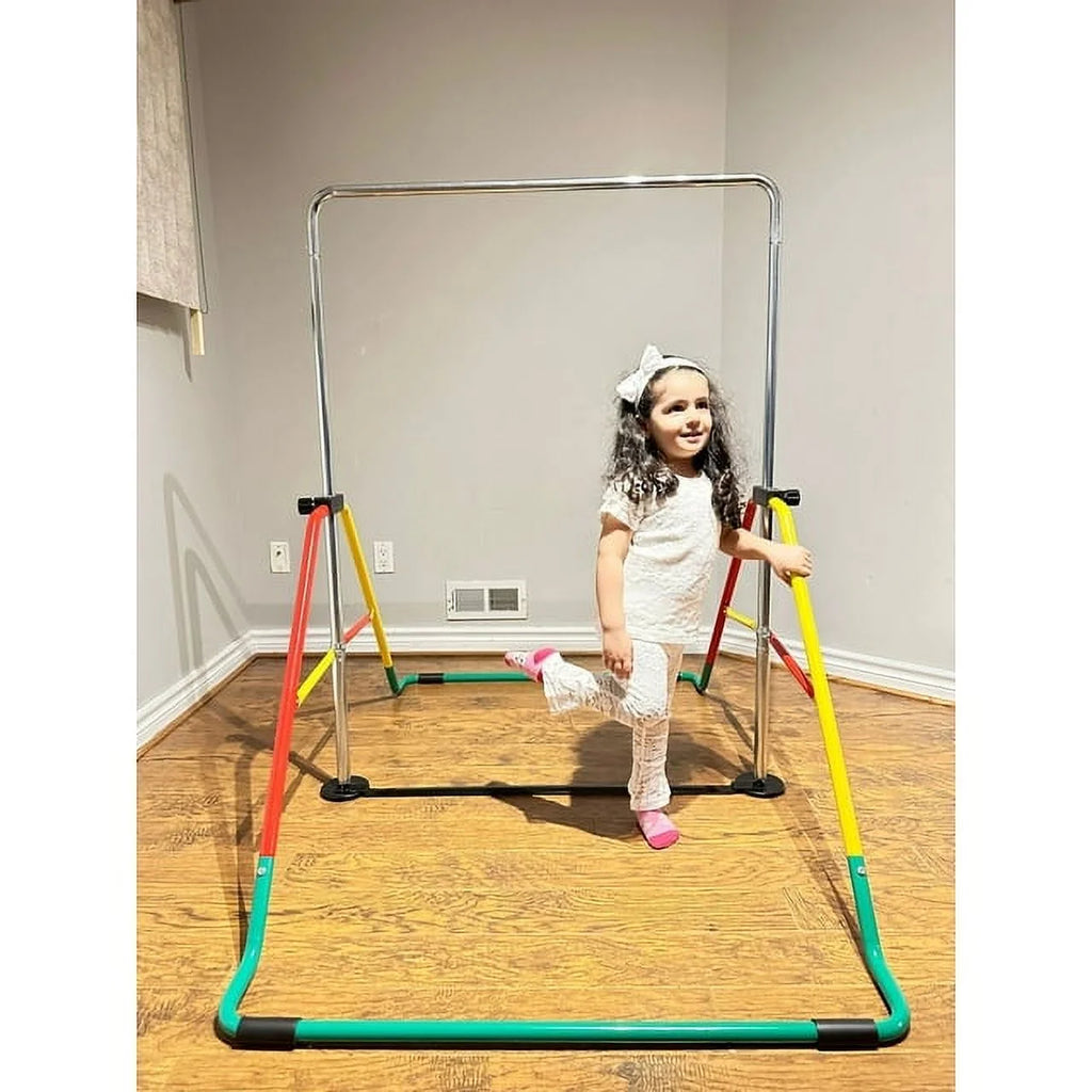 Height-Adjustable Kids' Gymnastics Bar - Home Training Bar for Junior Gymnasts - Folding Monkey Bar Playground Equipment - Expandable Horizontal Kip Bar for Boys/Girls (Red/Yellow)