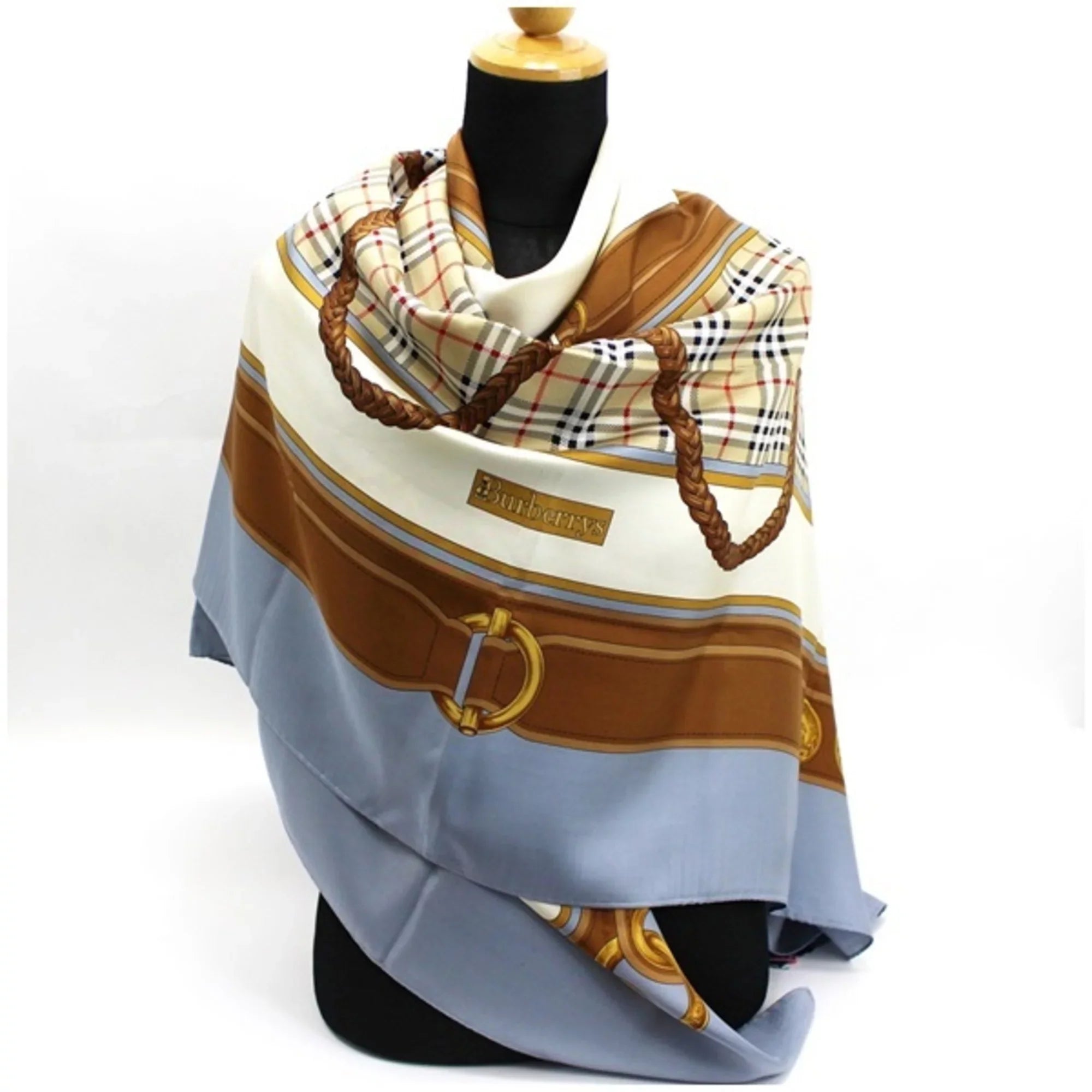 Pre-Owned Burberry's Silk Scarf Blue Gray Plaid Burberrys Women's (Good)