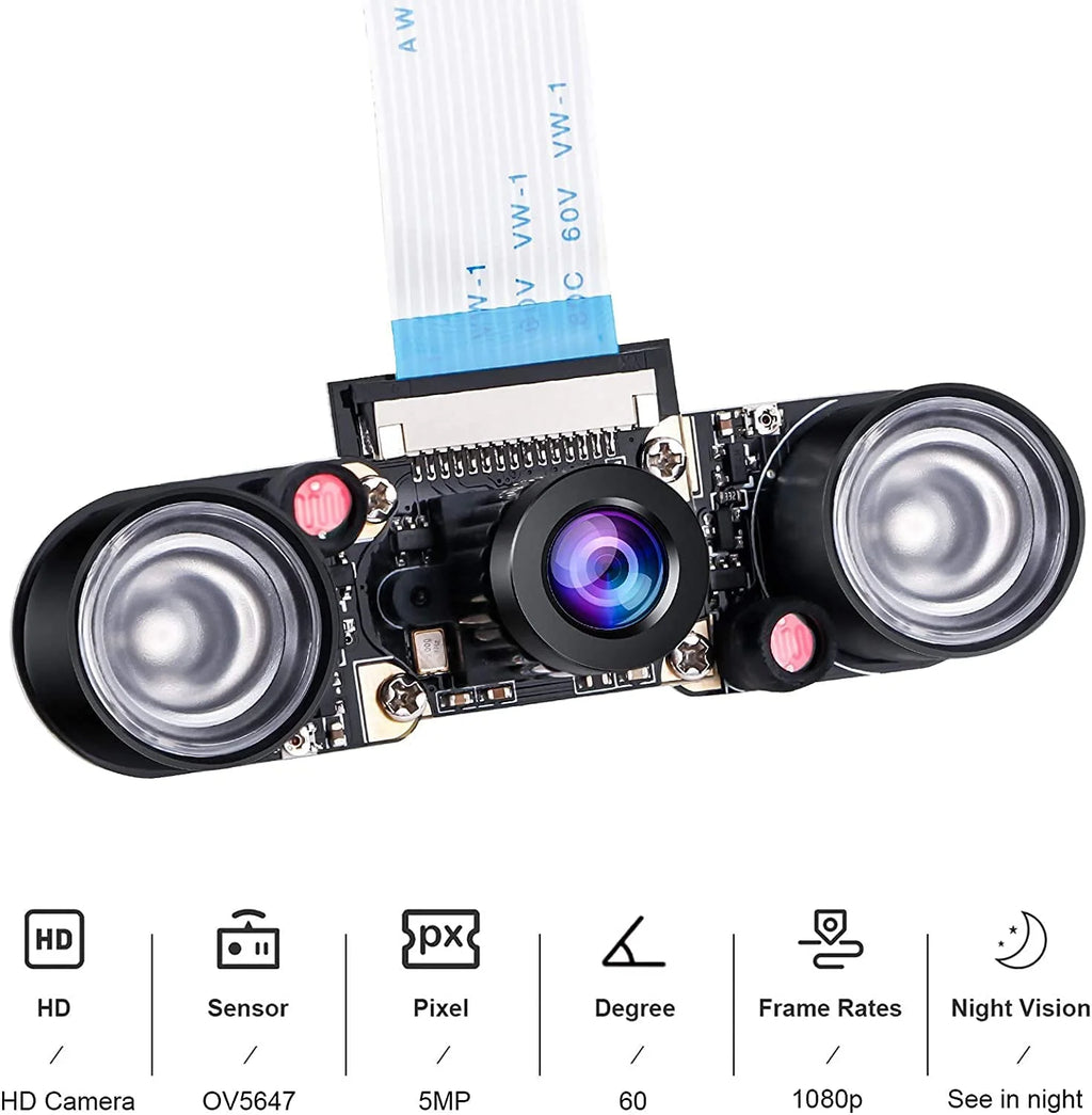 Raspberry Pi 4 Camera Night Vision Camera Adjustable-Focus Module 5MP OV5647 Webcam Video 1080p Compatible