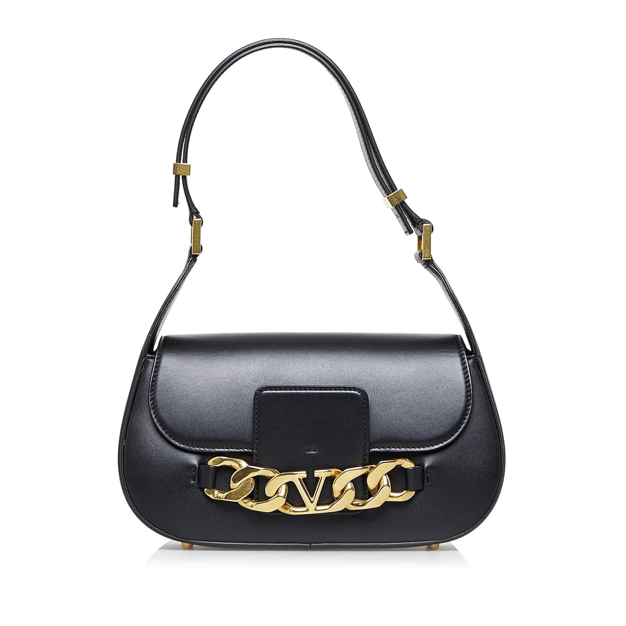 Pre-Owned Authenticated Valentino Vlogo Chain Shoulder Bag Calf Leather Black Unisex (Good)