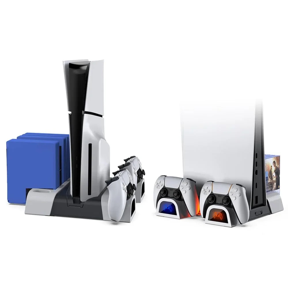 Cooling Stand Station with Dual Charging Base for PS5 Slim Disc & Digital Version with 3-Level Cooling Fan, 10 Game Discs Slot & Media Remote Storage Slot-White Black