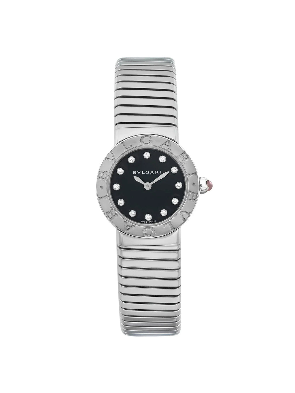 New Bvlgari Bulgari 26mm Steel Diamond Black Dial Ladies Quartz Watch 102145