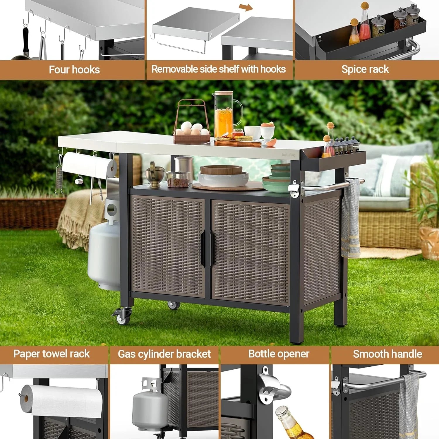 SUSIMOND 53-Inch Dining Cart Table Storage Cabinet with XL Stainless Steel Countertop, Rolling Kitchen Island Worktable with Side Shelf and Wheels for Indoor Outdoor