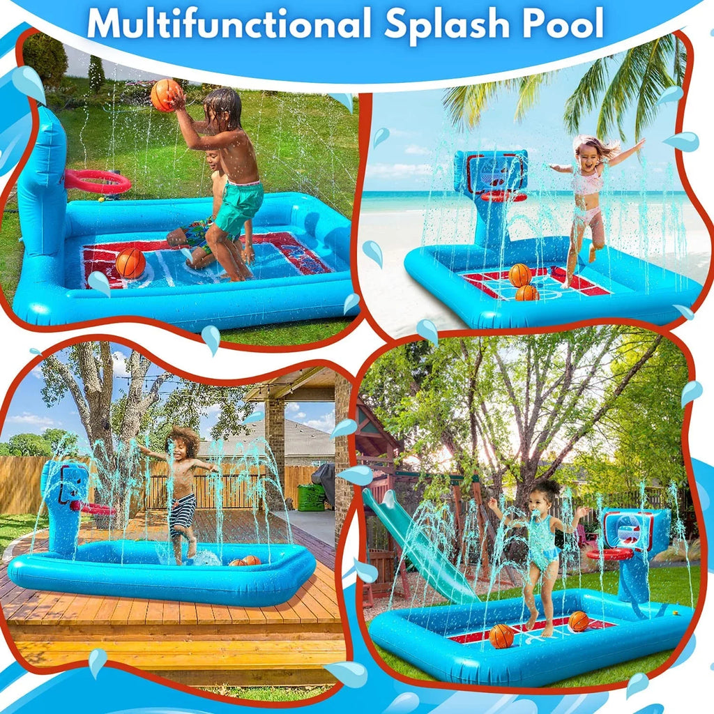 Splash Pool Pad With Sprinkler System, Hoop And 2 Inflatable Basketballs - Splash Pad For Kids - Kids Summer Toys And Liquid 82-inch.