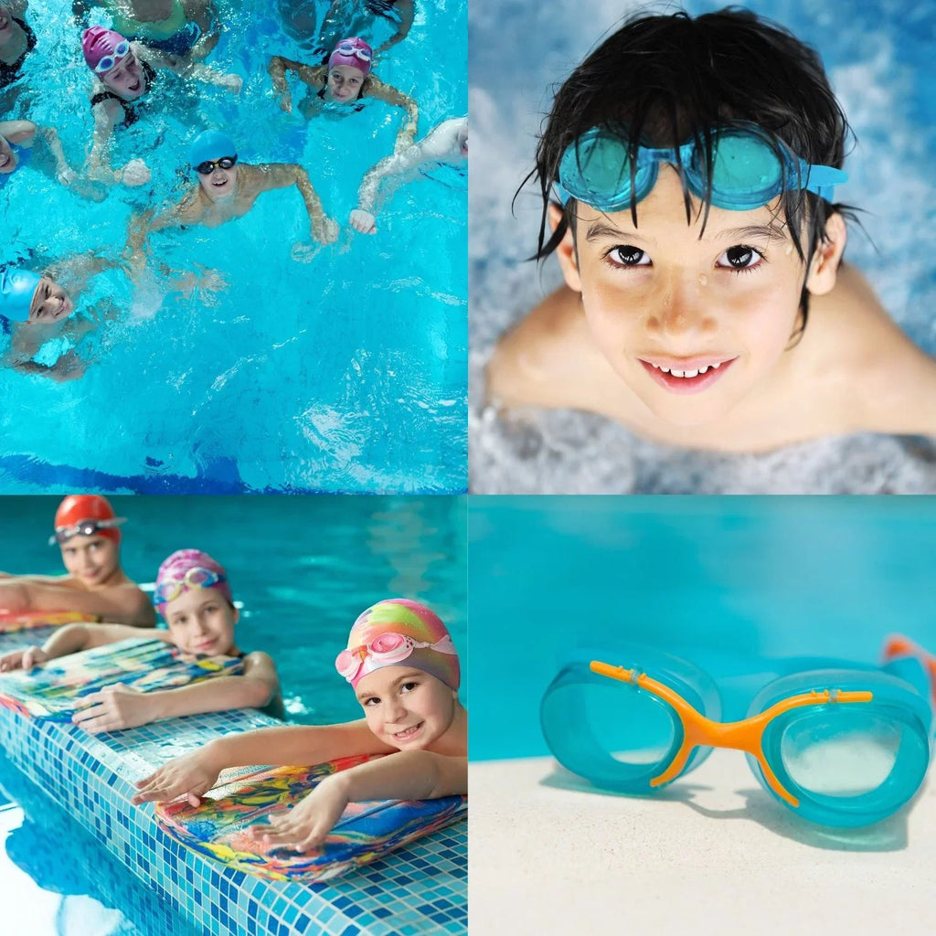 Summer Kids Eyes and Nose Safety Pool Goggles, Outdoor Fun UV Swim Masks Set of 4 & CUSTOM Storage Carrier (Color vary)