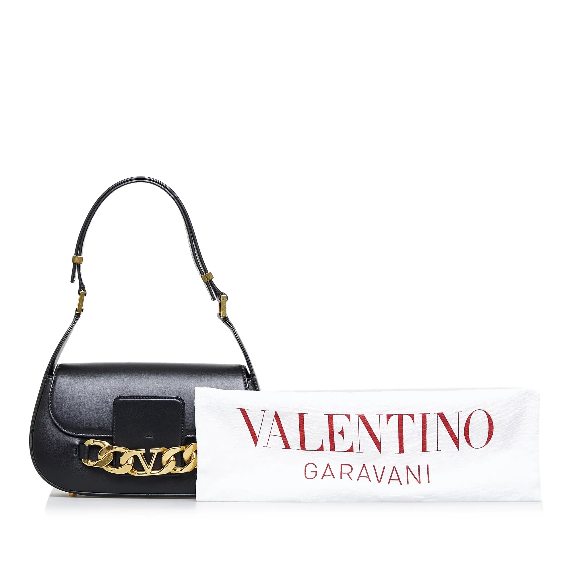 Pre-Owned Authenticated Valentino Vlogo Chain Shoulder Bag Calf Leather Black Unisex (Good)