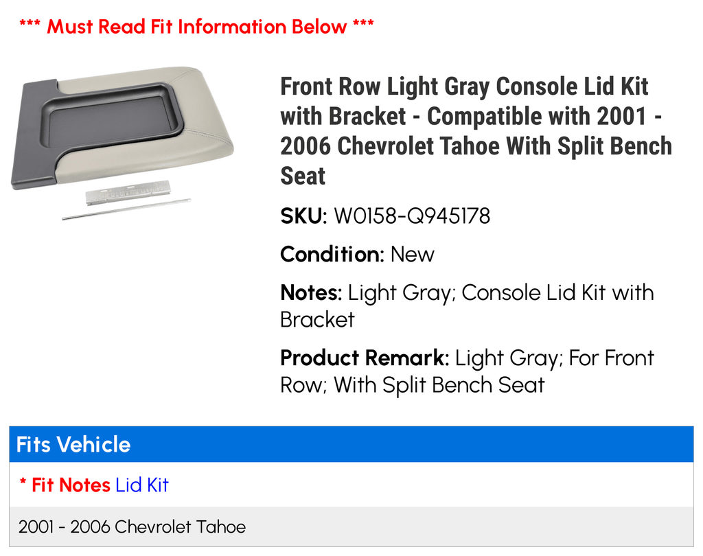Front Row Light Gray Console Lid Kit with Bracket - Compatible with 2001 - 2006 Chevy Tahoe With Split Bench Seat 2002 2003 2004 2005